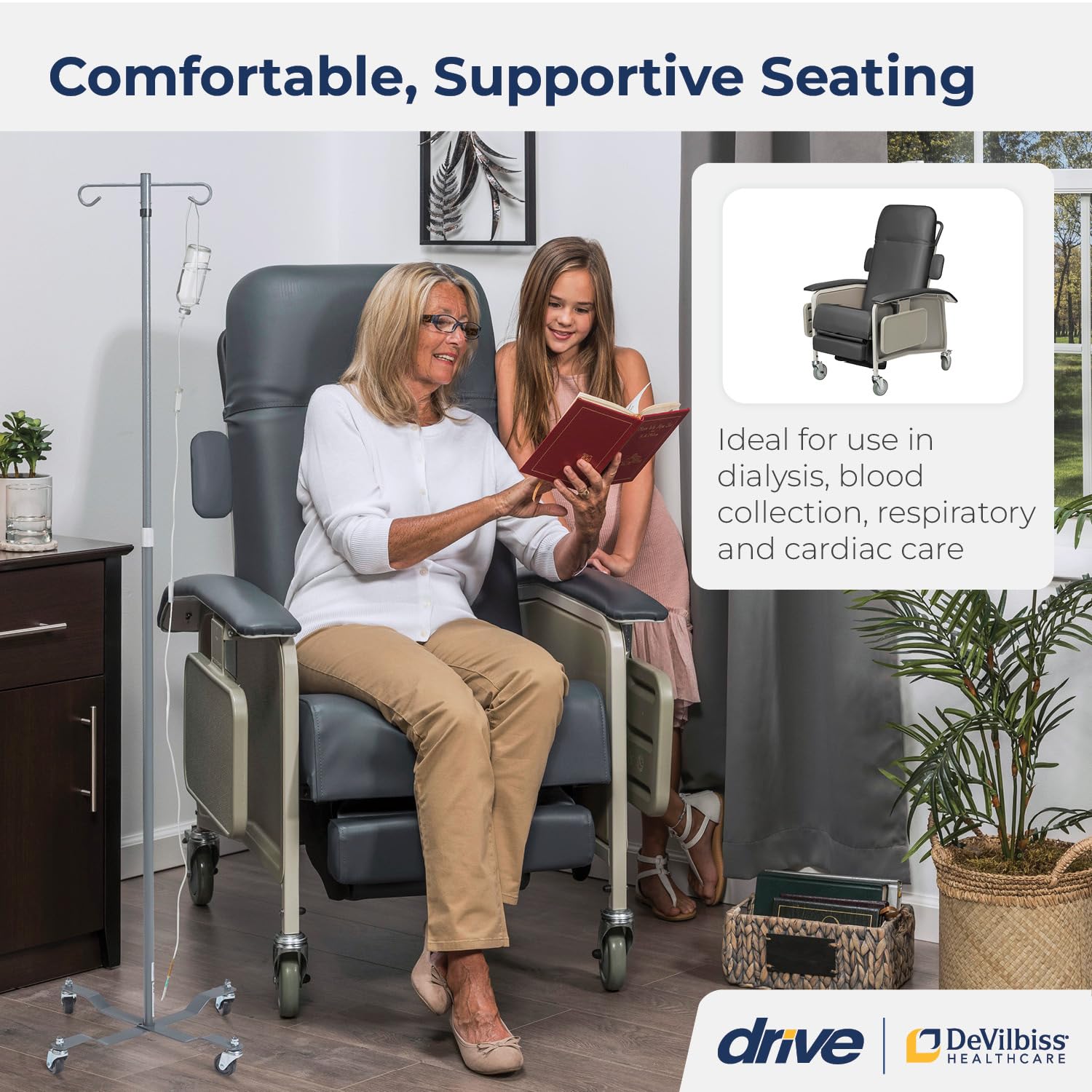 Drive Medical 4 Position Clinical Care Geri Chair Recliner, Reclining Padded Chair with Armrests, Charcoal