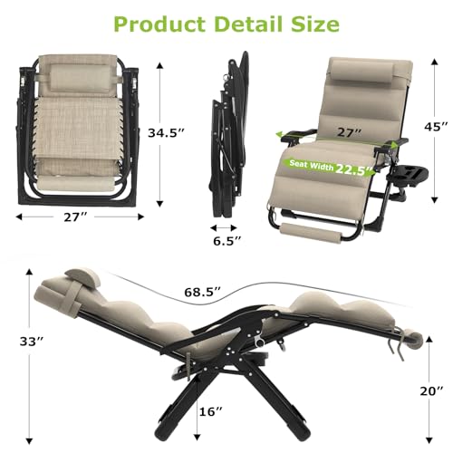 Suteck Oversized Zero Gravity Chair XL Reclining Camping Chair w/Washable Cushion, Outdoor Lounge Chairs Patio Recliner with Large Cup Holder, Footrest, Padded Headrest, Support 500LBS, Khaki