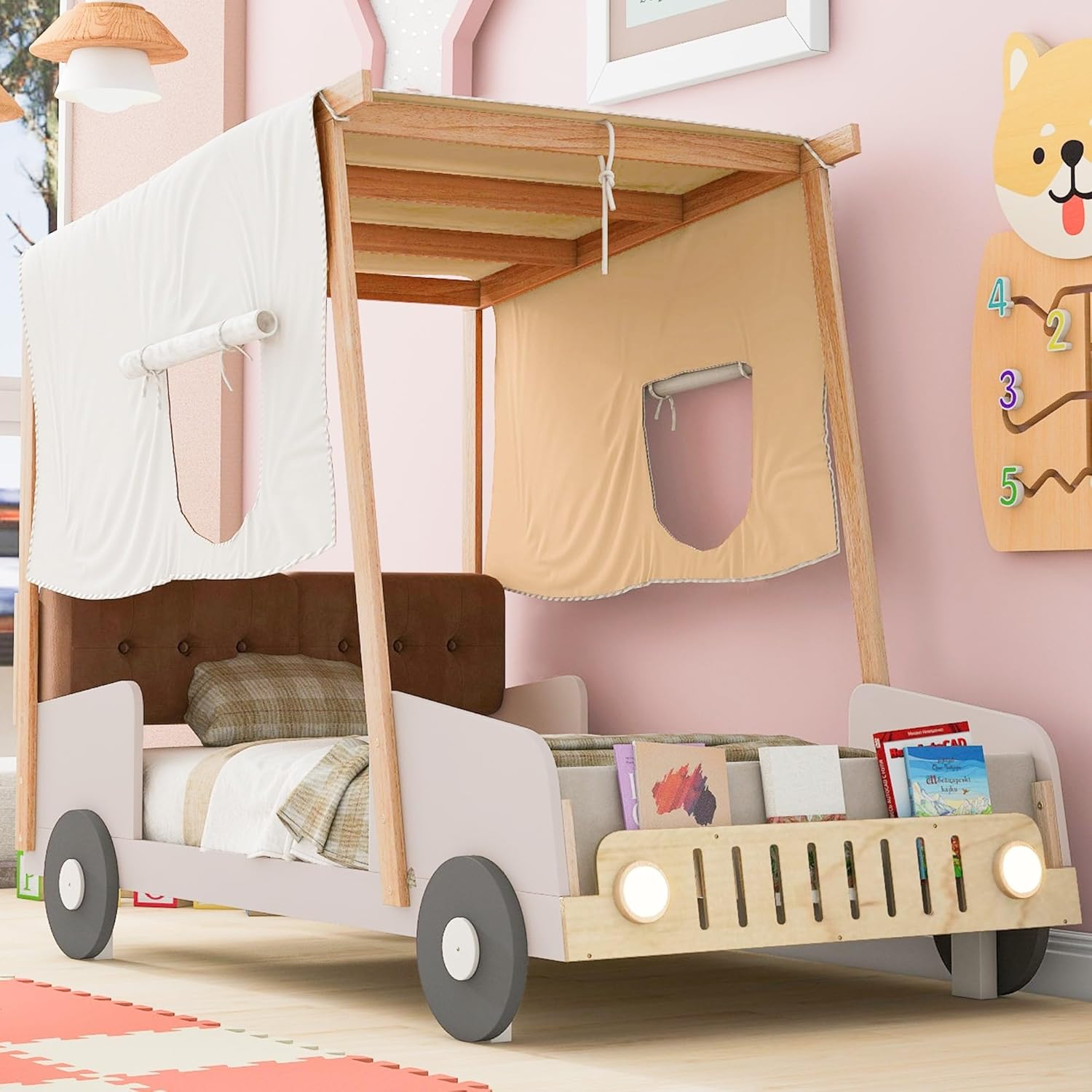 Twin Size Wood Car Bed with Comfortable Pillow Ceiling Cloth and Light Shape Led Kids Bedroom Sets Natural Modern Contemporary