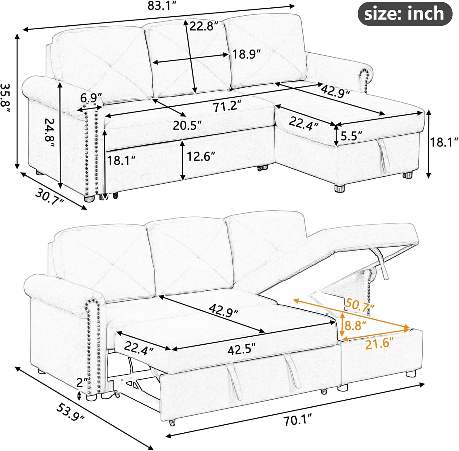 NicBex Pullout Couch Bed Modular Couch Convertible Chair to Bed Modern Convertible Sleeper Sofa Bed with Storage Chaise Suitable for Apartments, Dormitories, Studios, Offices, Gray
