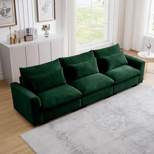 122'' Oversize Corduroy Chaise Lounge Sofa L-Shape Couch, 3-Seater Deep Seat Reclining Sleeper Couches with Storage Space for Living Room (Beige, 3-seat + 1-Footstool)