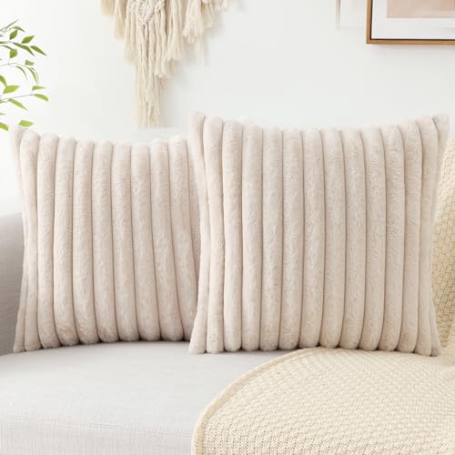 Faux Fur Plush Throw Pillow Covers 16x16 Set of 2 - Luxury Soft Fluffy Striped Decorative Pillow Covers for Sofa, Couch, Living Room - Grey