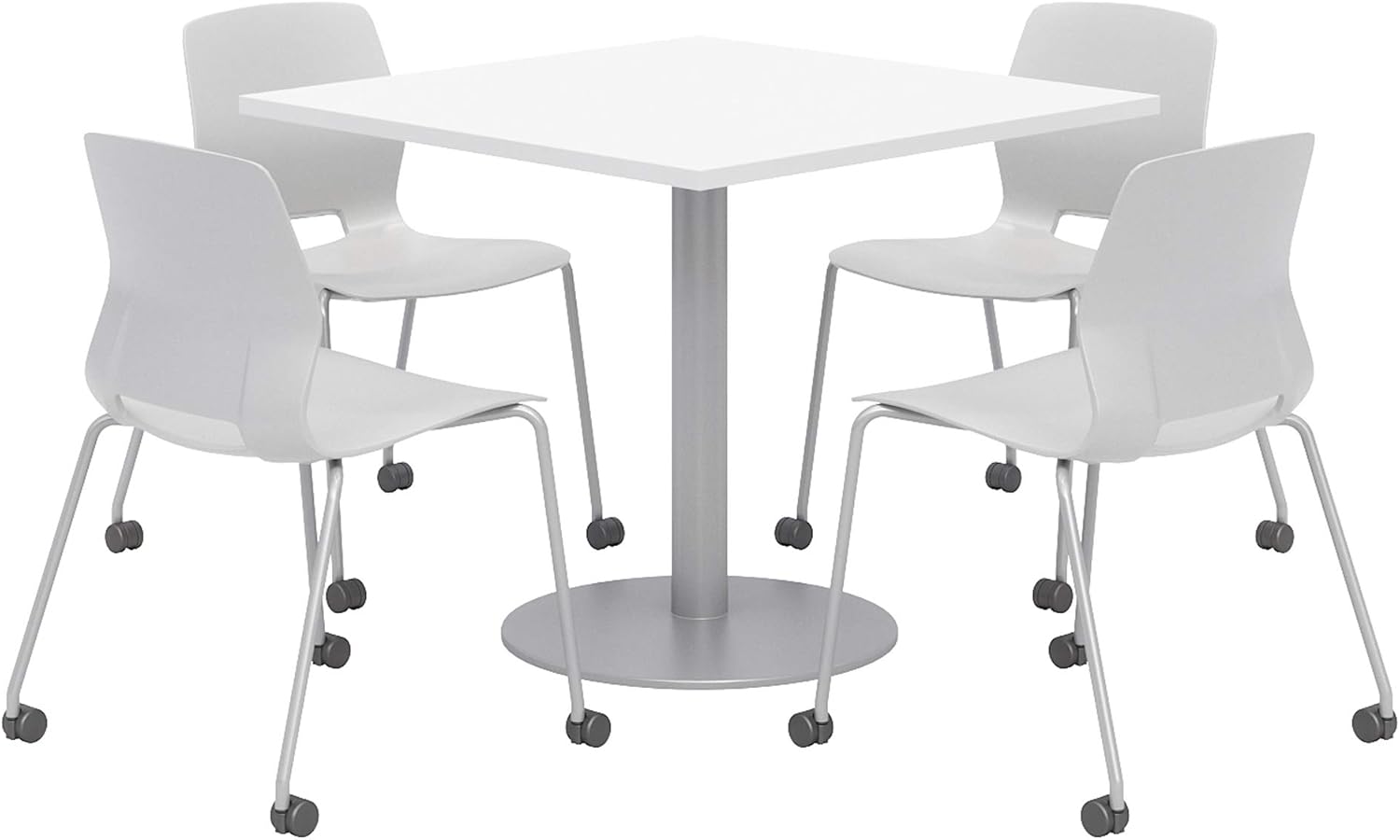 Lola Series Dining Set, Designer White Table, Light Grey Caster Chairs