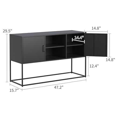 Metal Sideboard Buffet Cabinet, Modern Steel Locker Storage Cabinet with Doors and Shelves, Free Standing Accent Cabinet for Living Room, Kitchen, and Home Office, Anti-Tip Design (Black)