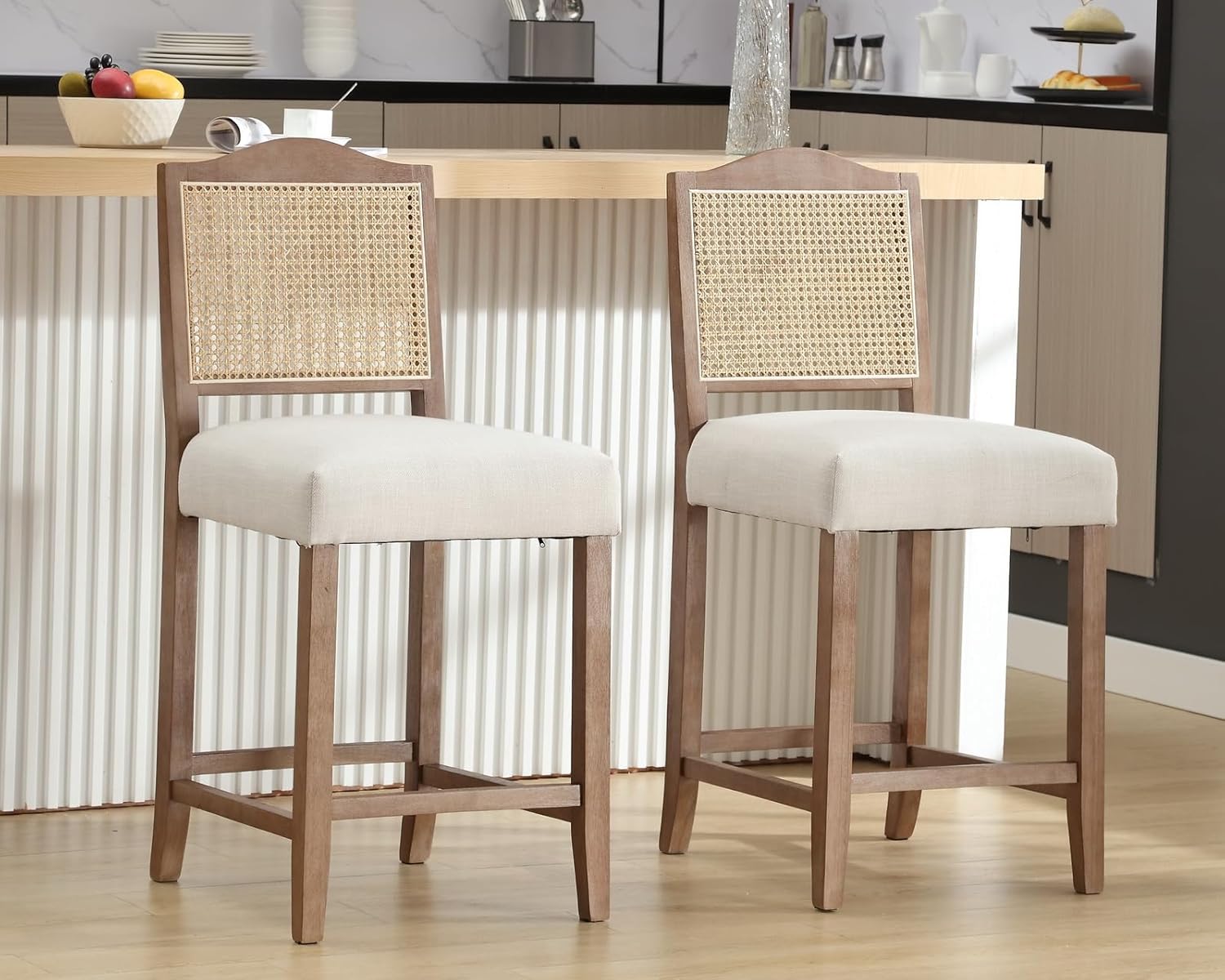 CIMOTA Counter Height Bar Stools Set of 2 Rattan Farmhouse Barstools Mid Century Modern Bar Chairs Upholstered Kitchen Stools with Wood Legs for Island/Dining Room, Linen Beige 26.5In
