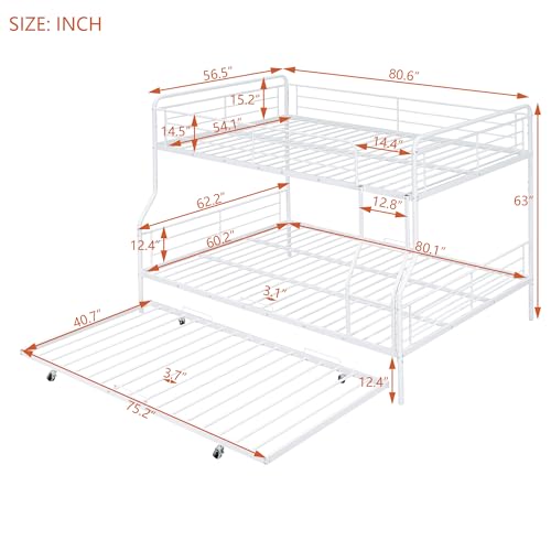 Full XL Over Queen Metal Bunk Bed with 2 Storage Drawers, 2 Beds in 1 Bed Frame with Guardrail and Ladder, No Spring Box Required, White