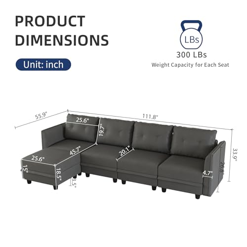 LLappuil Modular Sectional Sofa Faux Leather Fabric Reversible 4 Seater L Shape Sectional Couch with Storage, Modern Modular Sofa Chaise with Ottoman for Apartment, Cognac Brown