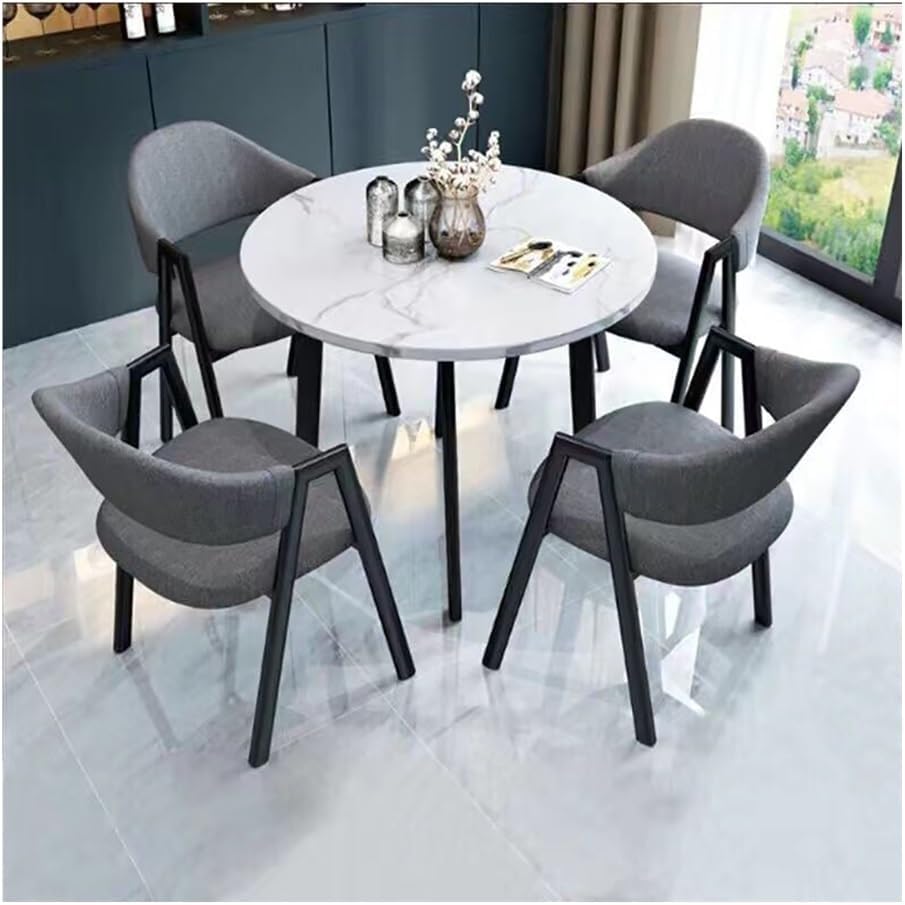 Round Dining Table Set for 4, Modern Kitchen Table and Chairs Set Round Faux Marble Dining Table Set Reception Table Set Upholstered Chair(White,Dark Gray 1)