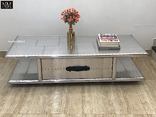 NauticalMart Aviator Coffee Table with Drawers Aluminum Rectangular Center Tea Table Housewarming Gift, Living Room Decoration & Office Furniture (40 Inches)