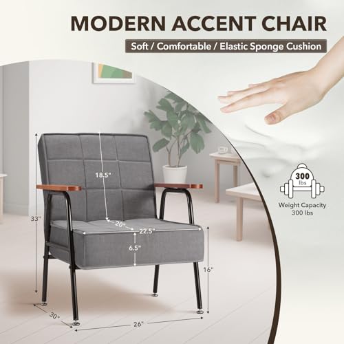 Accent Chair 5-Position Adjustable Backrest Soft Cushion Modern Arm Chair Linen-look w/Wide Wood Armrest Easy Assembly for Living Room, Bedroom, Study Room, Beige