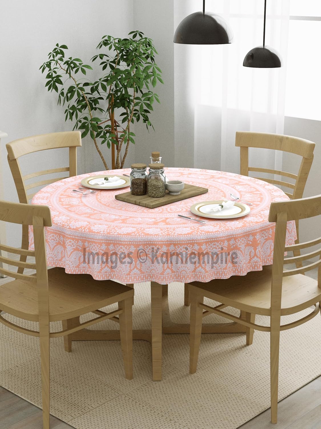 Indian Handmade Pink Gold Elephant Bohemian Mandala Flowers Bho Tablecloth Mat Tabletop Table Cover for Kitchen Dining Home Decor Picnic Camping Dinner Center table 50 Inchs