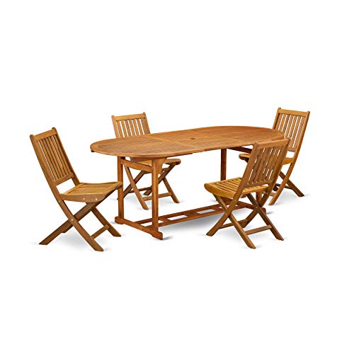East West Furniture BSDK9CWNA 9-Piece Patio Set-8 Modern Chairs Slatted Back and Outdoor Coffee Table and Round Top with Wood 4 Legs-Natural Oil Finish