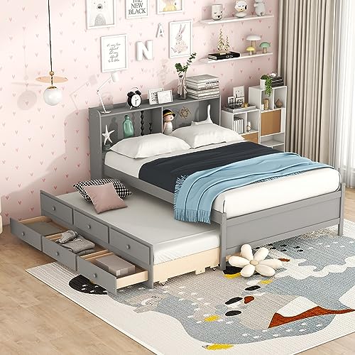 Harper & Bright Designs Twin Bed Frame with Bookcase Headboard, Wooden Twin Size Platform Bed with Trundle and 3 Storage Drawers,Twin Storage Bed for Kids Girls Boys,No Box Spring Needed,Grey