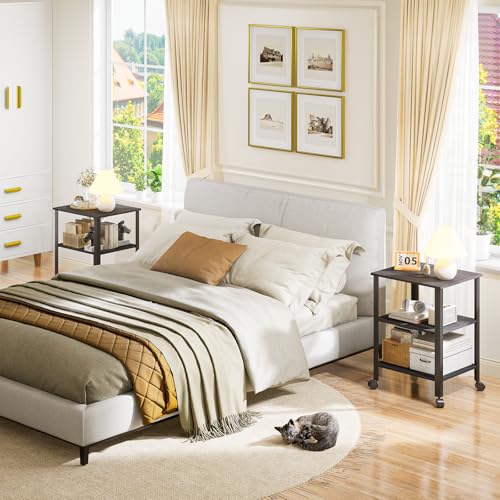 Side Table, End Table with Wheels, Printer Stand with 3-Tier Storage, Bedside Table,Telephone Table,Square Small Side Table for Living Room, Bedroom, Office, Kitchen, Metal Frame, Easy Assembly -White