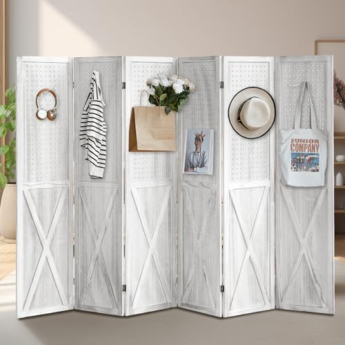 6 Panel Room Divider with 24 Hooks, Pegboard Display Wood Room Divider Folding Privacy Screens, Room Divider Peg Board Display for Trade Show Craft Show Home Wall Organizer, Light Brown