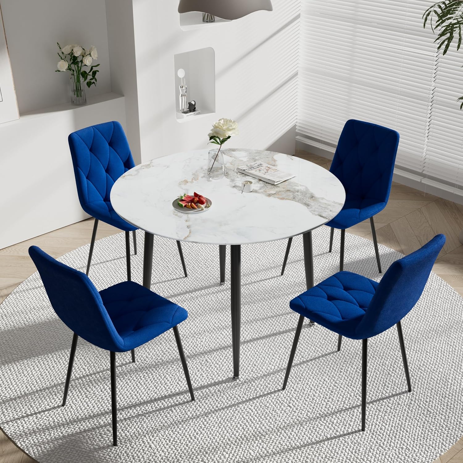 Mid Century Modern Round Dining Room Table Set for 4, White Faux Mable Circle Dinner Table Set, 40'' Small Glass Top Dinette Set, 5 PCS Circular Kitchen and Velvet Chairs Set, for Home (Blue)