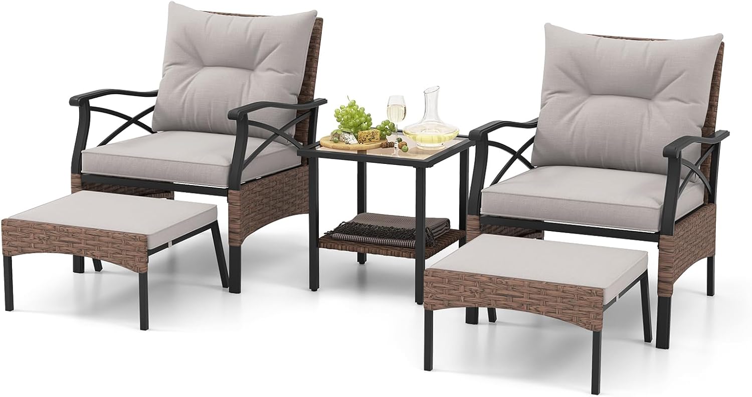 Tangkula 5 Pieces Wicker Patio Furniture Set, Outdoor Rattan Chairs with Ottomans, Cushions and 2-Tier Tempered Glass Side Table, Patio Conversation Bistro Set for Garden, Porch, Balcony