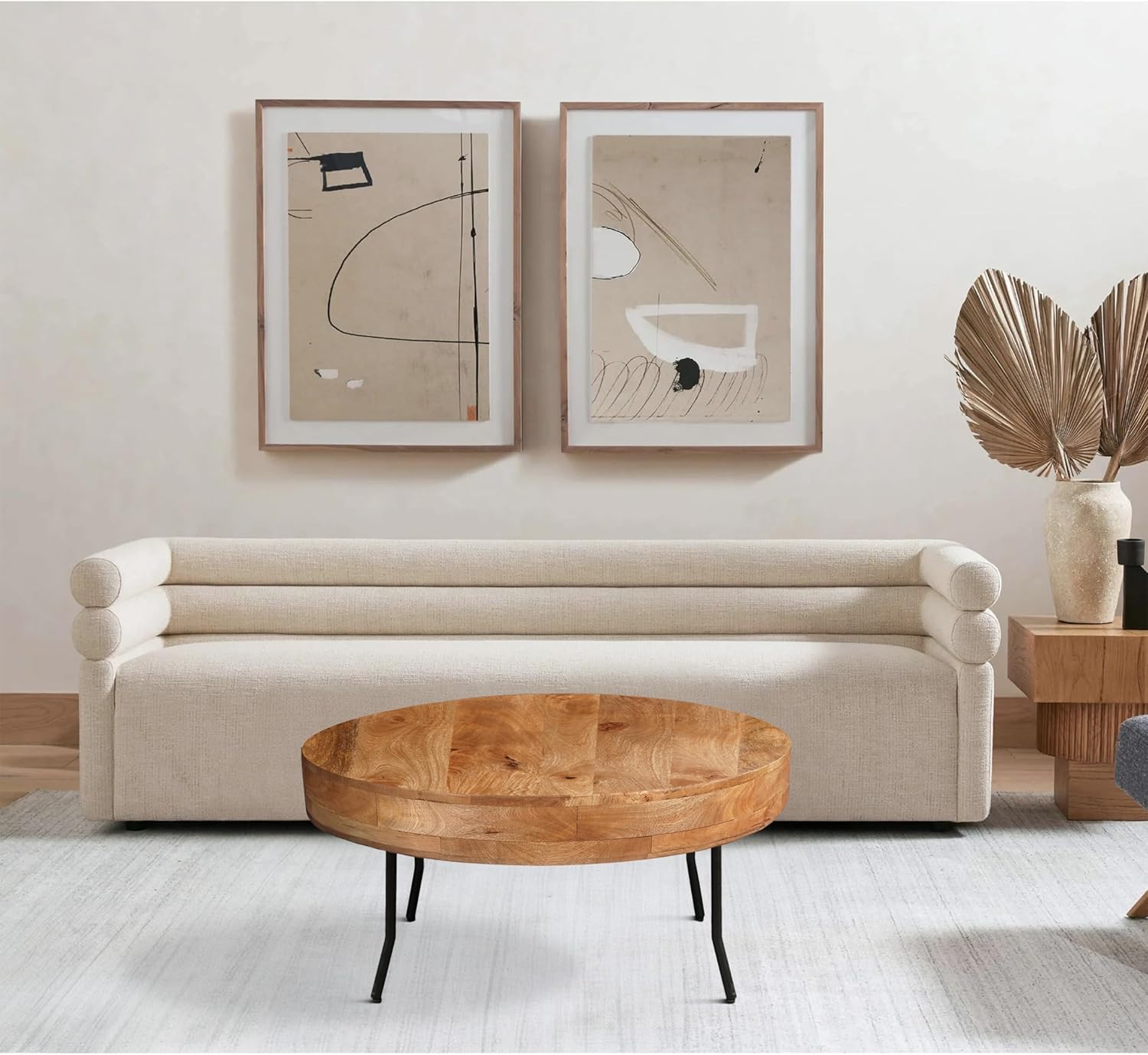 32 Inch Coffee Table, Handcrafted Mango Wood Round Top, Black Metal Angled Legs,Living Room Table Modern Funiture Table