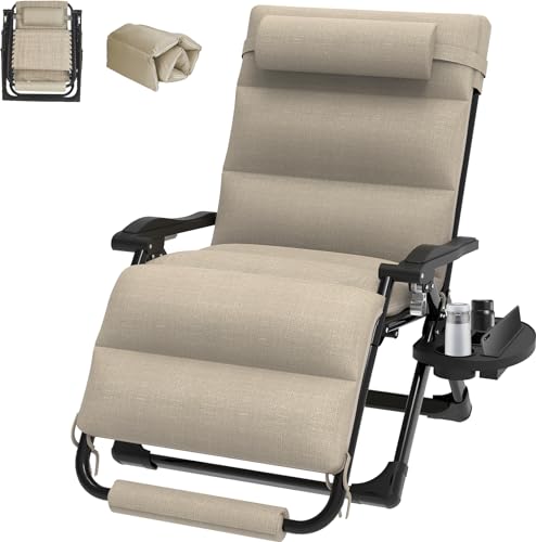Suteck Oversized Zero Gravity Chair XL Reclining Camping Chair w/Washable Cushion, Outdoor Lounge Chairs Patio Recliner with Large Cup Holder, Footrest, Padded Headrest, Support 500LBS, Khaki