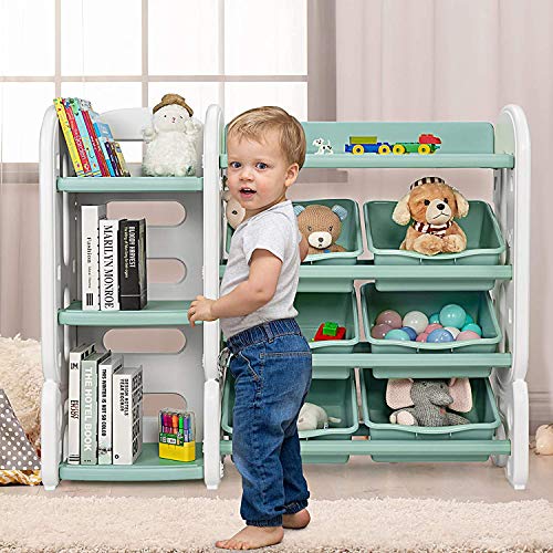 Costzon Kids Bookshelf with Toy Organizers and Storage, Multi-Purpose 4-Tier Toy Shelf, 6 Removable Plastic Bins to Organize Books Toys, Toddler Bookcase for Playroom, Bedroom, Daycare, Nursery (Blue)