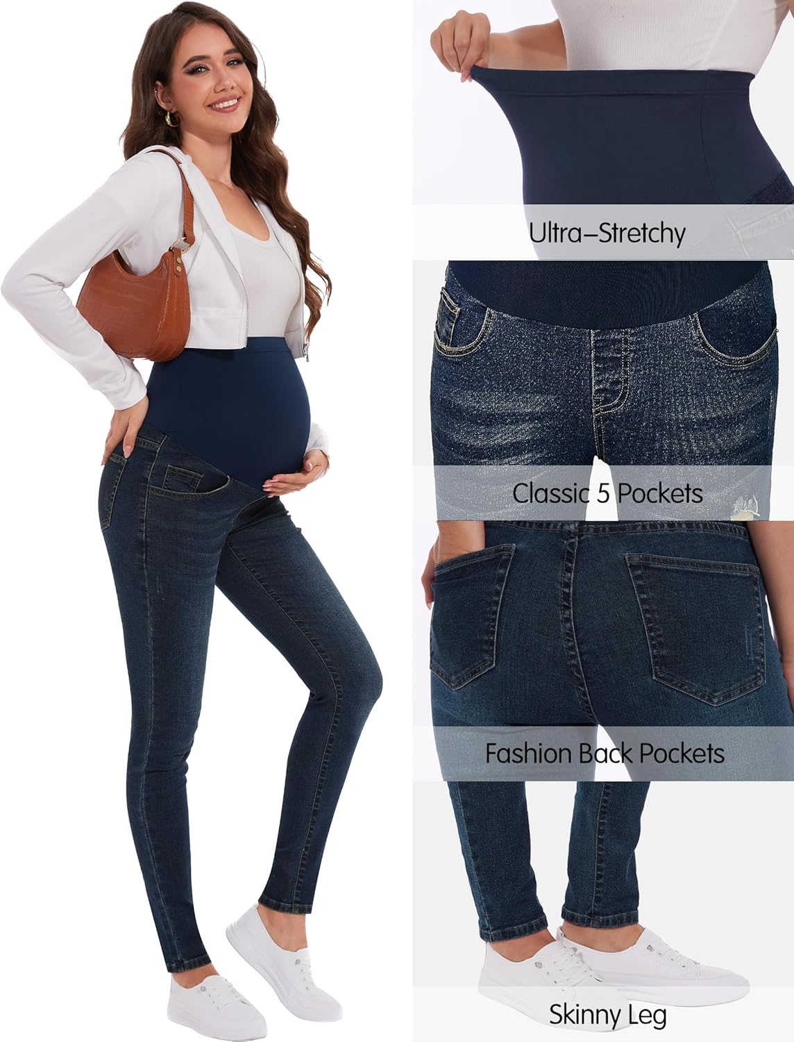 PACBREEZE Women's Maternity Jeans Over The Belly Slim Stretchy High Waist Denim Skinny Pants with Pockets