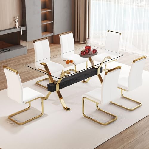 Gold Glass Dining Table Set for 6,Tempered Glass Top Kitchen Table and Faux Leather High Back Upholstered Dining Chairs,7 Piece Dining Table Set for Dinner,Apartment (51.2
