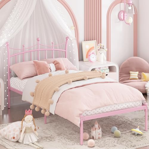 Twin Bed Frames for Kids, Twin Size Bed with Crown-shaped Headboard Under Bed Storage No Box Spring Needed Heavy Duty Metal Platform Bed Gold
