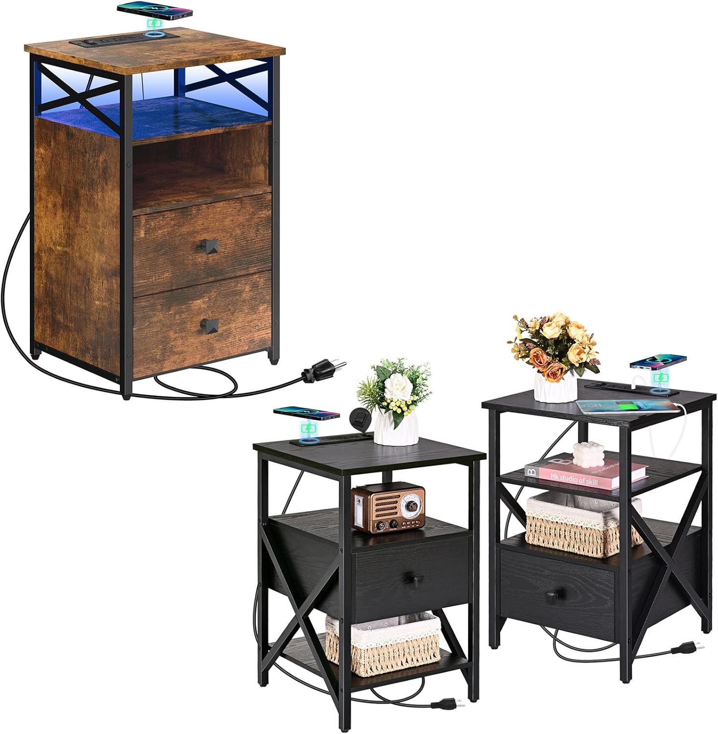 LED End Table with Charging Station Set of 2, Grey Nightstands Set 2 with LED Light and Wireless Charger, Bedside Table with Wooden Drawers, Storage Night Stands for Bedrooms Set of 2