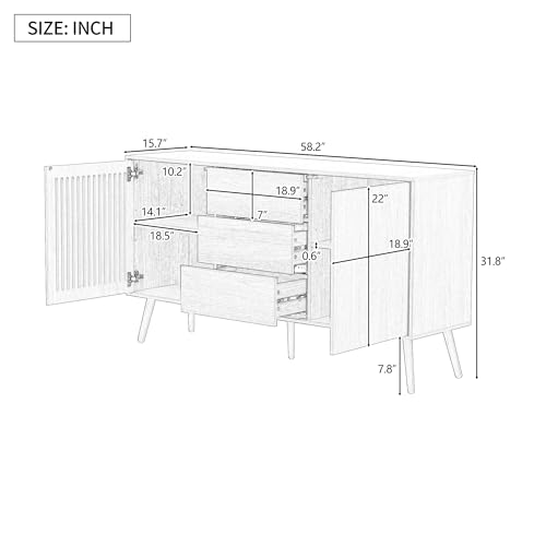 Merax 60 in Sideboard Cabinet with Storage 3 Drawers and 4 Shelves, Wood Accent Cabinet Storage Cabinet Buffet Cabinet for Living Room, Entryway, Dining Room (White)