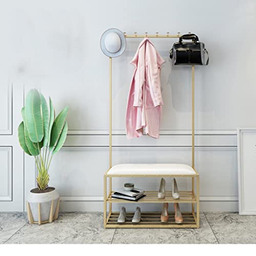 Coat Rack Entryway Coat Rack Shoe Bench Hall Tree With Hooks 2 Storage Shelf Floor Drying Rack Iron Wrought Hallway Furniture Clothing Store Home Bedroom (Color : Gold B, Size : 80
