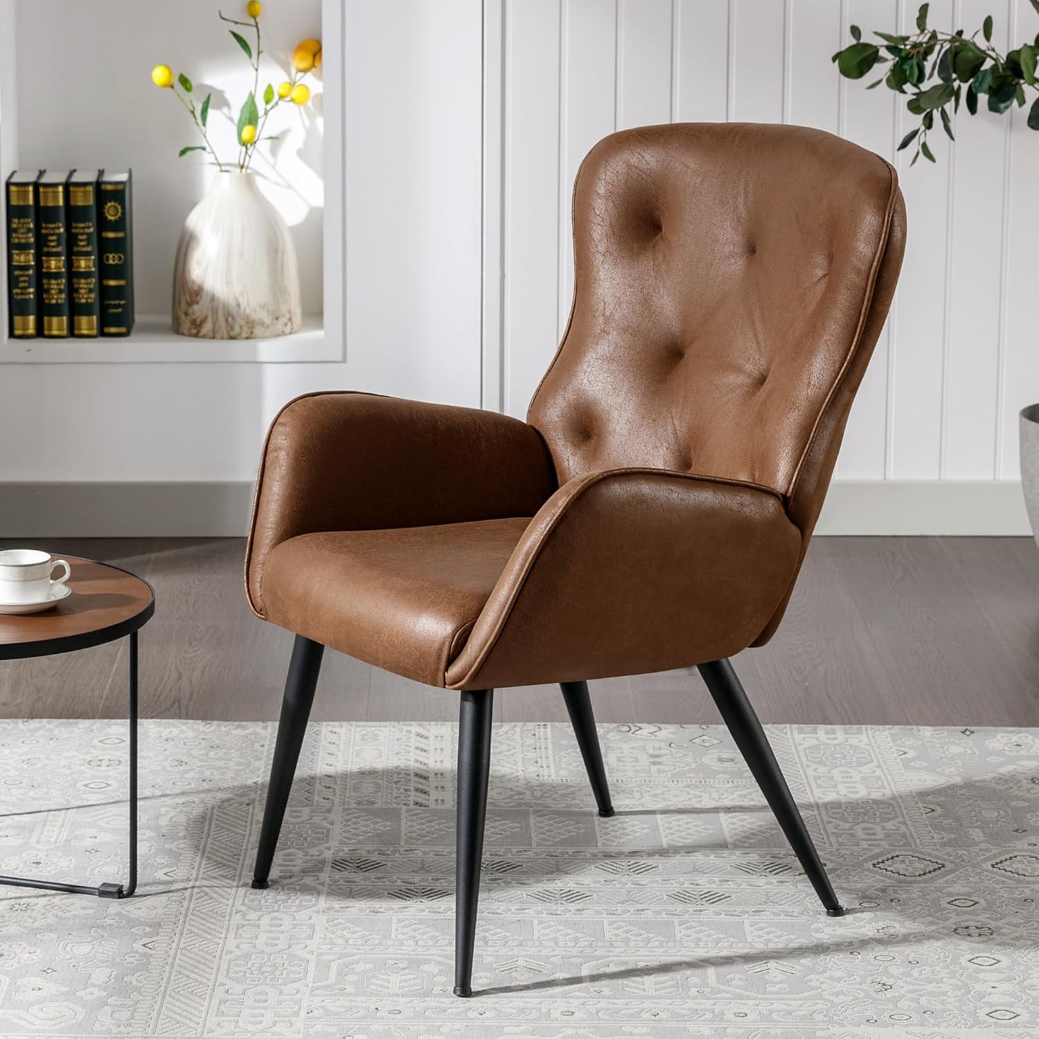 Suede Leather Accent Chair in Modern Style, Comfy Vintage Tufted Wingback Chair with Metal Legs, High Back Design Armchair for Living Room, Bedroom, and Office(Brown)