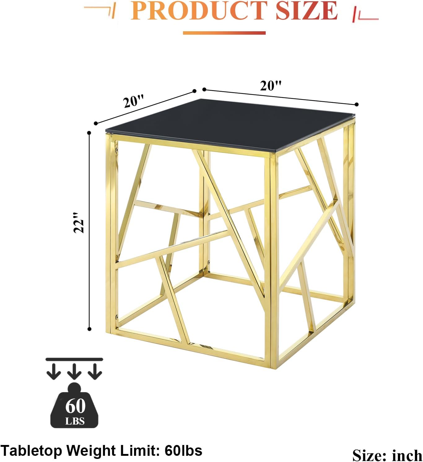 Pvillez Glass Side Table, Mid Century Modern Square Black Glass End Table with Gold Stainless Steel, Small Accent Sofa Side Table for Small Spaces, Bedroom Glass Bedside Table, Living Room End Table