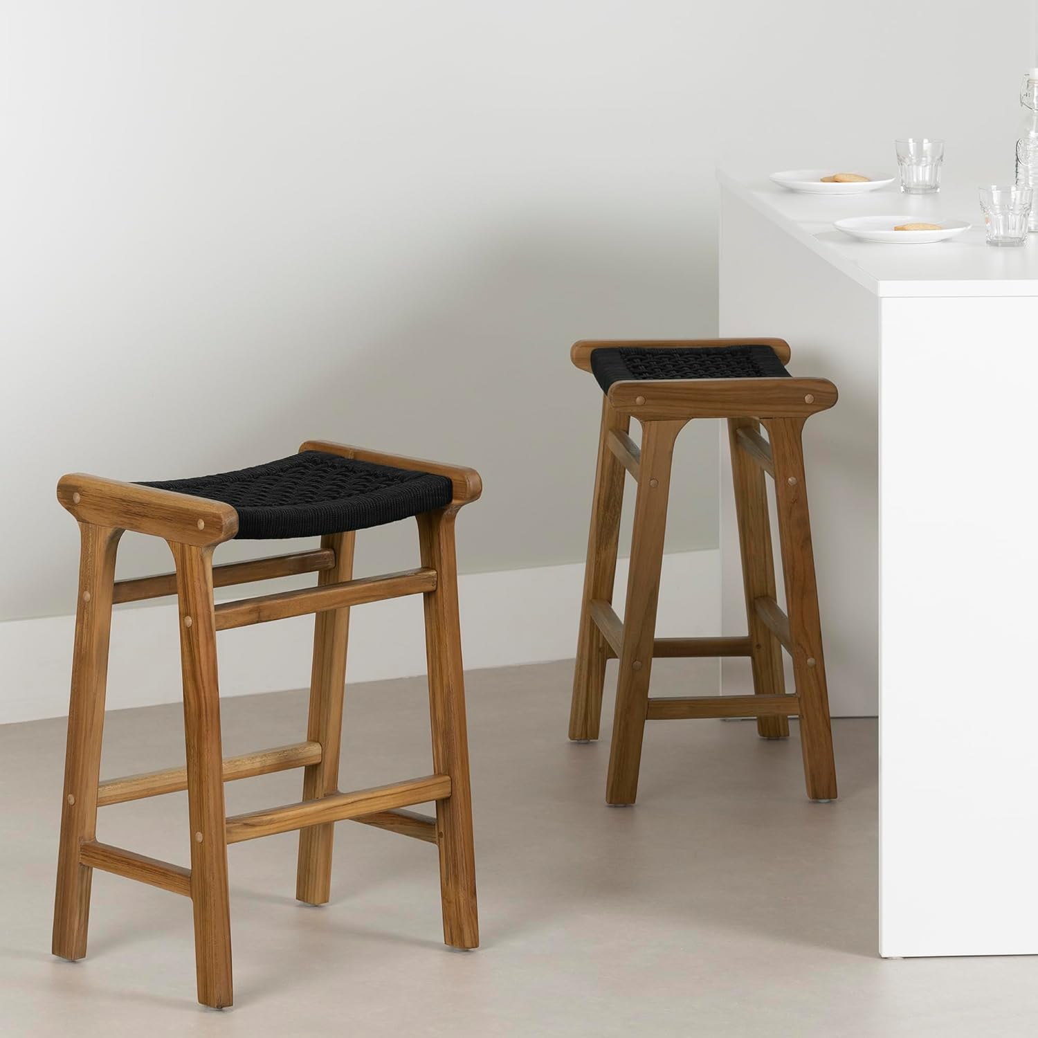 South Shore Balka Woven Rope and Teak Counter Stool, Set of 2, Black and Natural