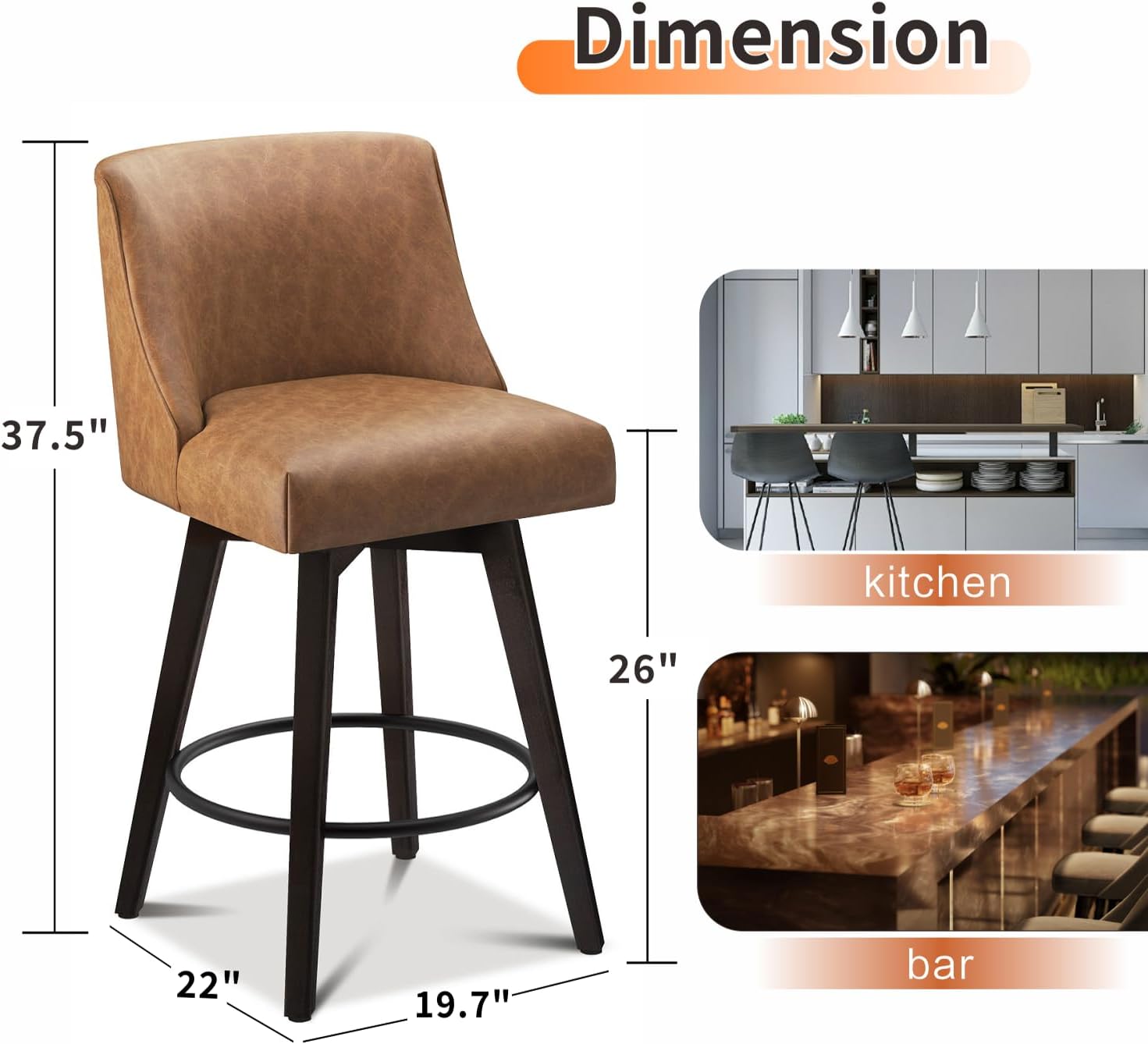 MUUEGM Bar Stools Set of 4 Modern 360°Swivel Bar Chairs,Barstools Counter Height with High Backrest, Faux Leather Bar Stool for Bar, Kitchen, Dining Room,Sienna Brown