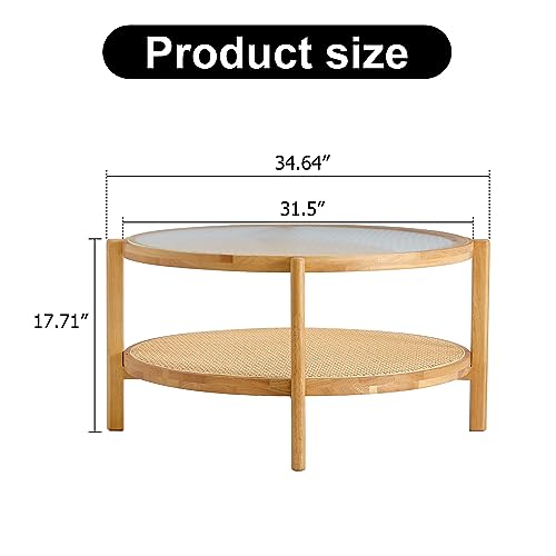 NicBex Coffee Table Modern Simple Circular Double-Layer Solid Wood Tea Table Rattan Woven Farmhouse Coffee Table Small Round Table Suitable for Living Room, Dining Room and Bedroom, Walnut