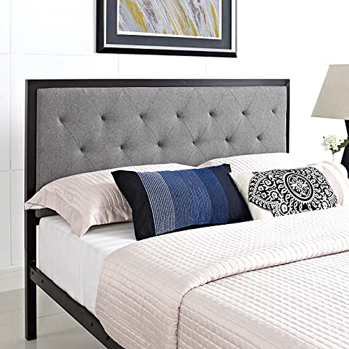Modway Mia Upholstered Brown Beige Tufted Platform Bed with Metal Slat Support in Queen