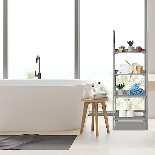 ECOMEX Ladder Shelf, 4 Tier Wooden Ladder Shelf Bookshelf, Rustic Plant Shelves Storage Rack for Home Bedroom Office, Black