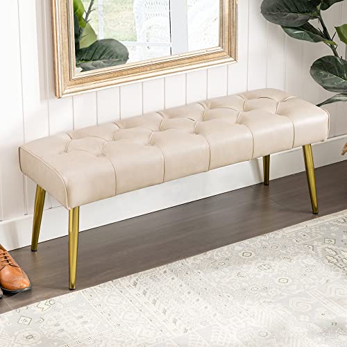 LUE BONA Button-Tufted Ottoman Bench, 44.5'' Litchi Stria Faux Leather Upholstered Bedroom Bench, Padded Entryway Bench, End of Bed Bench with Metal Legs, for Decorative, Living Room, White