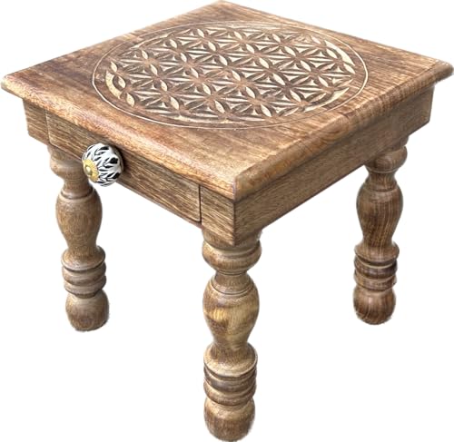 DharmaObjects Solid Mango Wood Hand Carved Puja Shrine Altar Meditation Table (Flower of Life)