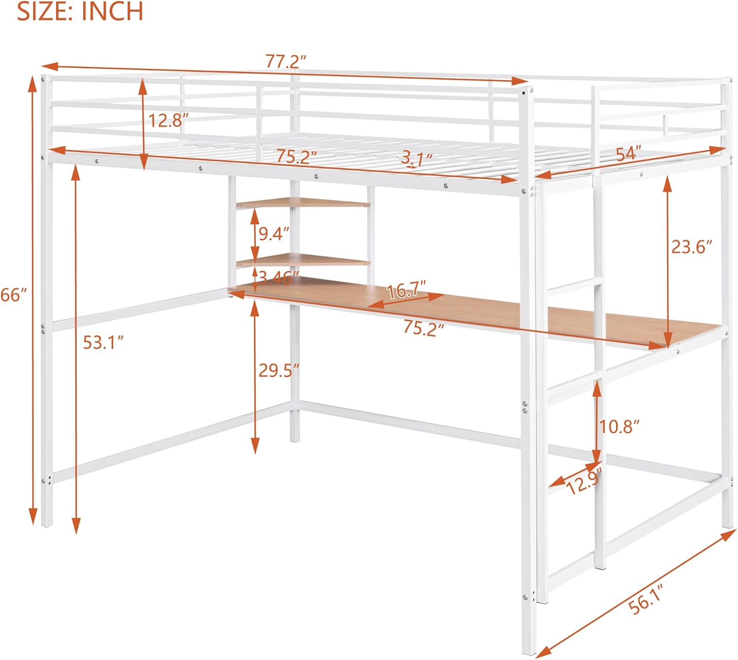Full Size Bed for Kids & Teens, Multifunctional Metal Loft Bedframe with Built-in Desk & 2 Storage Shelves, Safe Guardrail & Ladder, Maximum Space Saving, No Box Spring Needed, White