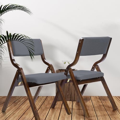 Wooden Folding Chairs Set of 2 Folding Dining Chairs Foldable Chair with Padded Seats and Removable Covers Fold Chairs for Inside Outside Home Office Patio (Dark Gray)