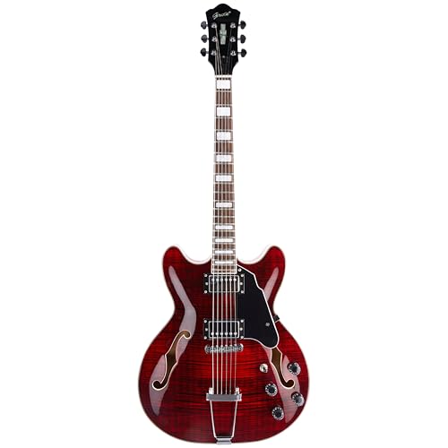 GROTE Jazz Electric Guitar Semi-Hollow Body Trapeze Tailpiece Bridge Guitar Gig Bag (Black)