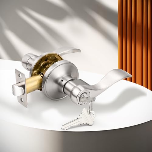 Probrico 10 Pack Keyed Alike Entry Levers, Wave Style Satin Nickel Entry Locksets, Exterior Interior Door Levers with Lock and Same Keys(for Bedroom or Office)