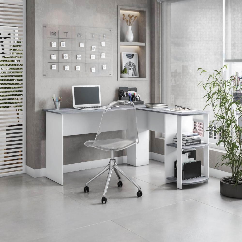 Modern L-Shaped Desk with Side Shelves, Grey Gray Solid Wood -8413L-GRY