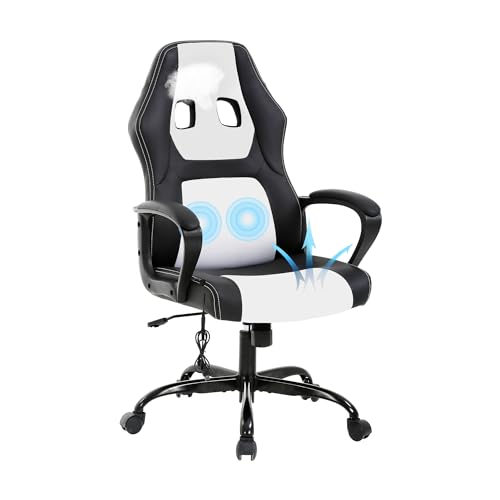Gaming Chair with Massager, Ergonomic Office Chair Video Gaming Computer Chair Leather Desk Chair Racing Chair, Comfy Massage Chair, Silla Gamer Chair Gaming Chairs for Adults and Kids, White Chair