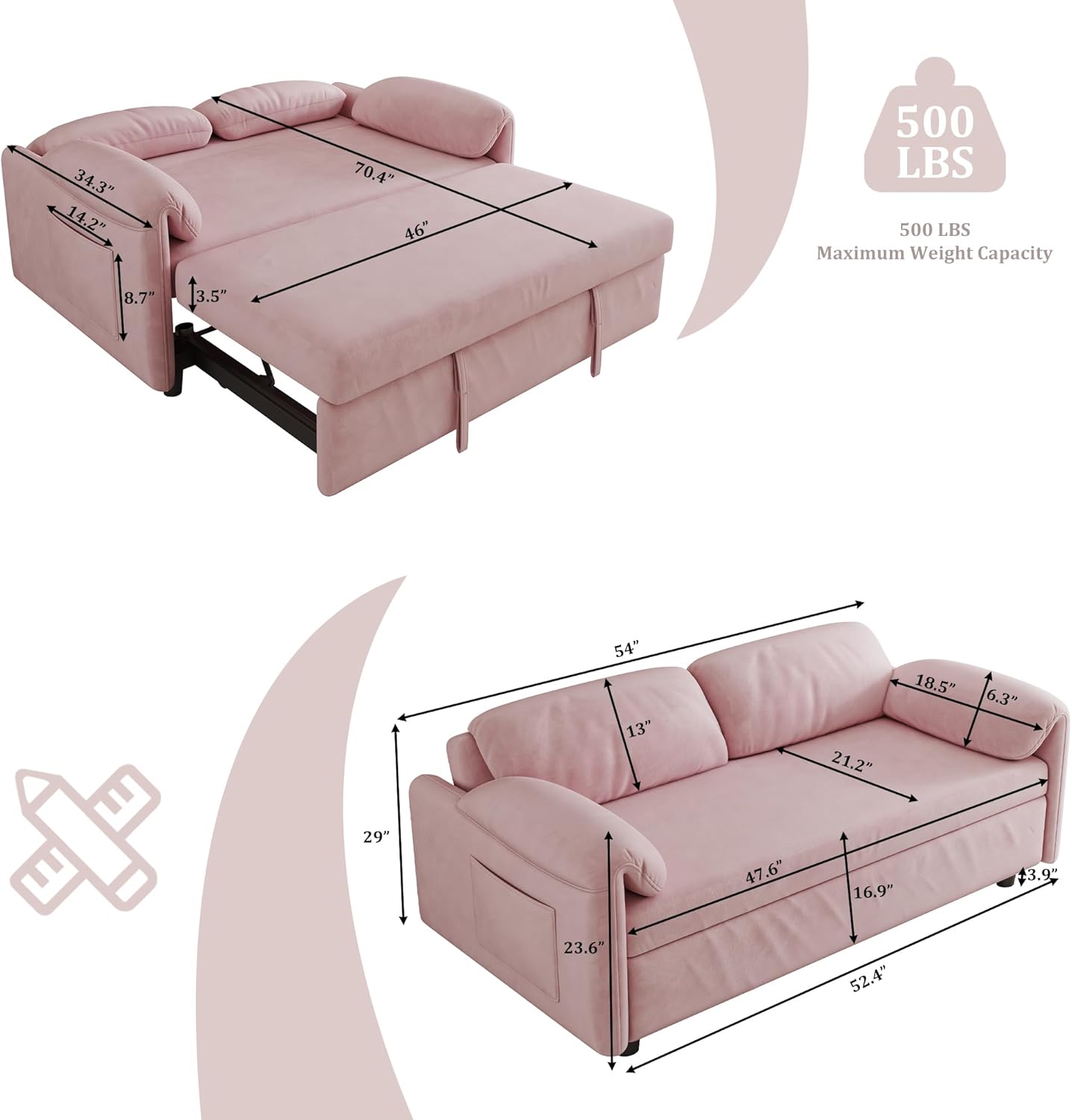 Pull Out Sofa Bed, 53'' Loveseat Sleeper, 3-in-1 Velvet Sleeper Sofa, Convertible Sofa Bed with Adjustable Backrest, Sleeper Couch for Living Room Bedroom Small Space (Pink)