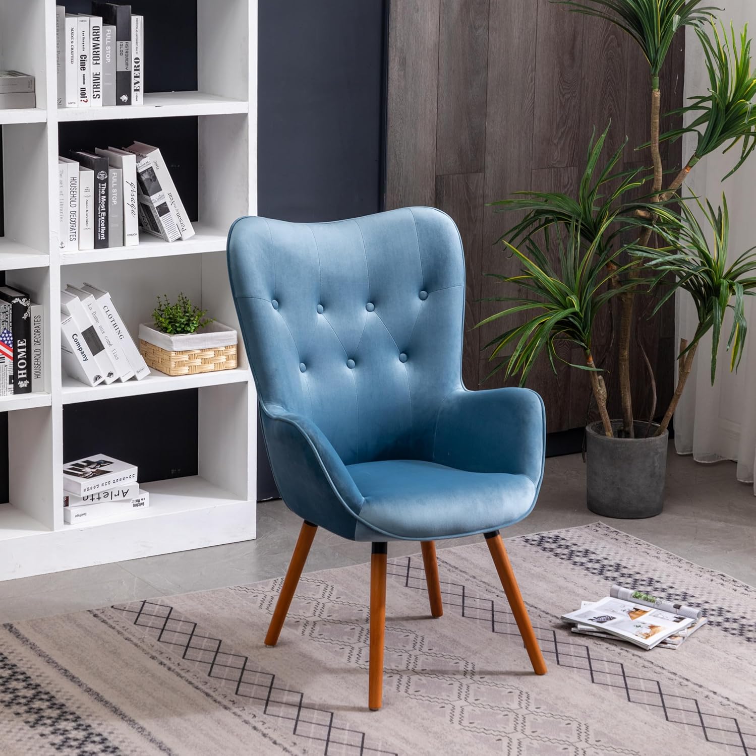 Doarnin Contemporary Silky Velvet Tufted Button Back Accent Chair, Blue