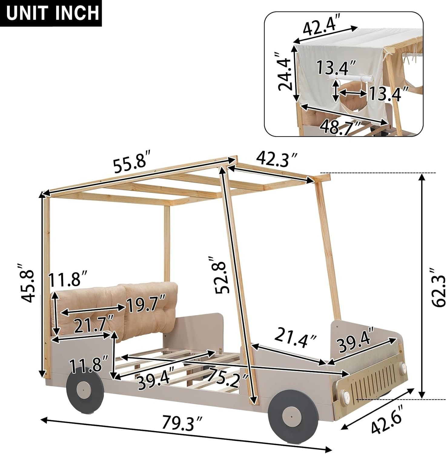 Twin Size Wood Car Bed with Comfortable Pillow Ceiling Cloth and Light Shape Led Kids Bedroom Sets Natural Modern Contemporary