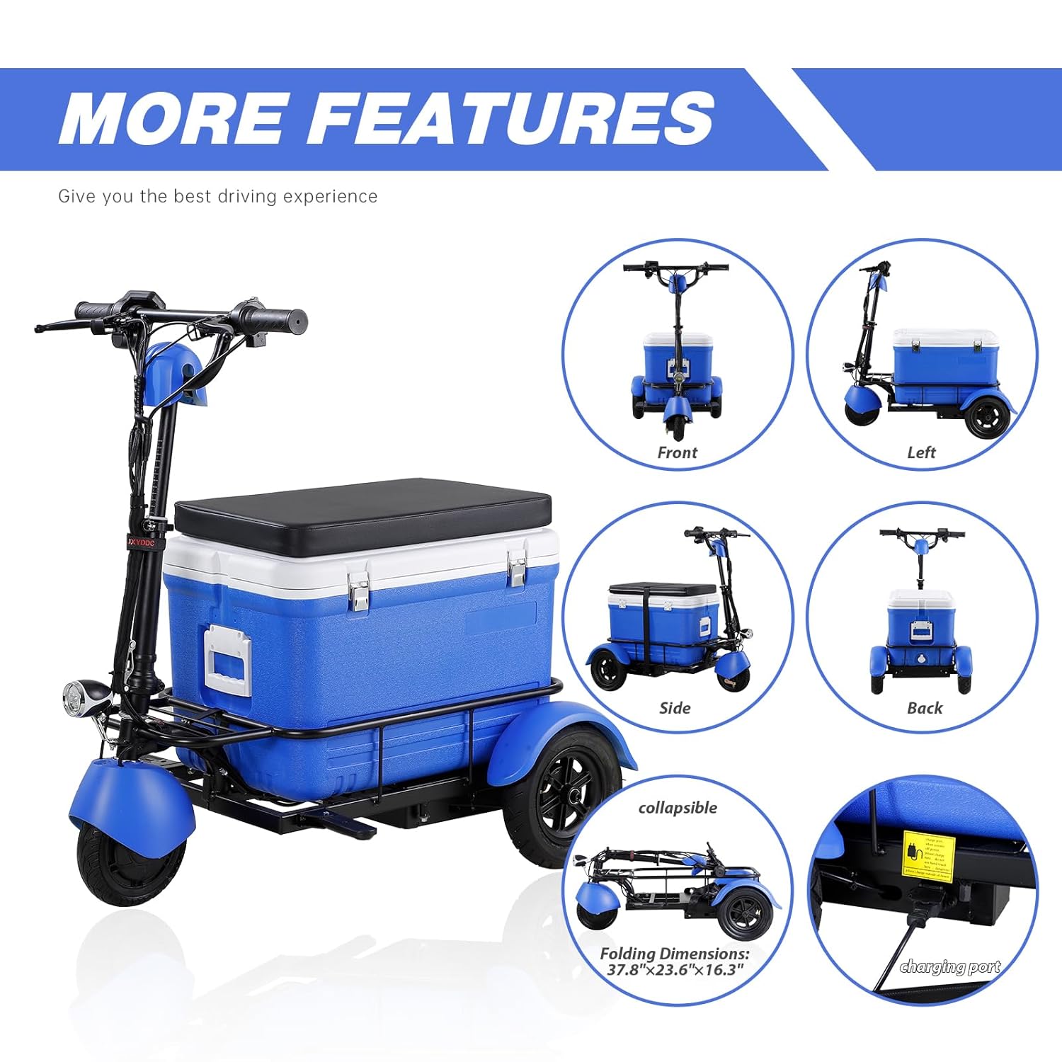 3 Wheel Foldable Mobility Scooter with 14 Gallon Cooler - Foldable Electric Powered Wheelchair Device, Compact Heavy Duty Mobile for Camping, Travel, Adults, Elderly, Blue