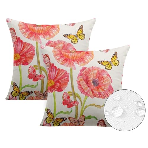 Flower Summer Outdoor Waterproof Throw Pillow Covers 18 x 18 Inch Set of 2, Floral Pink Pillowcase Square Cushion Case, Farmhouse Garden Decorative Pillows for Couch Beach Patio